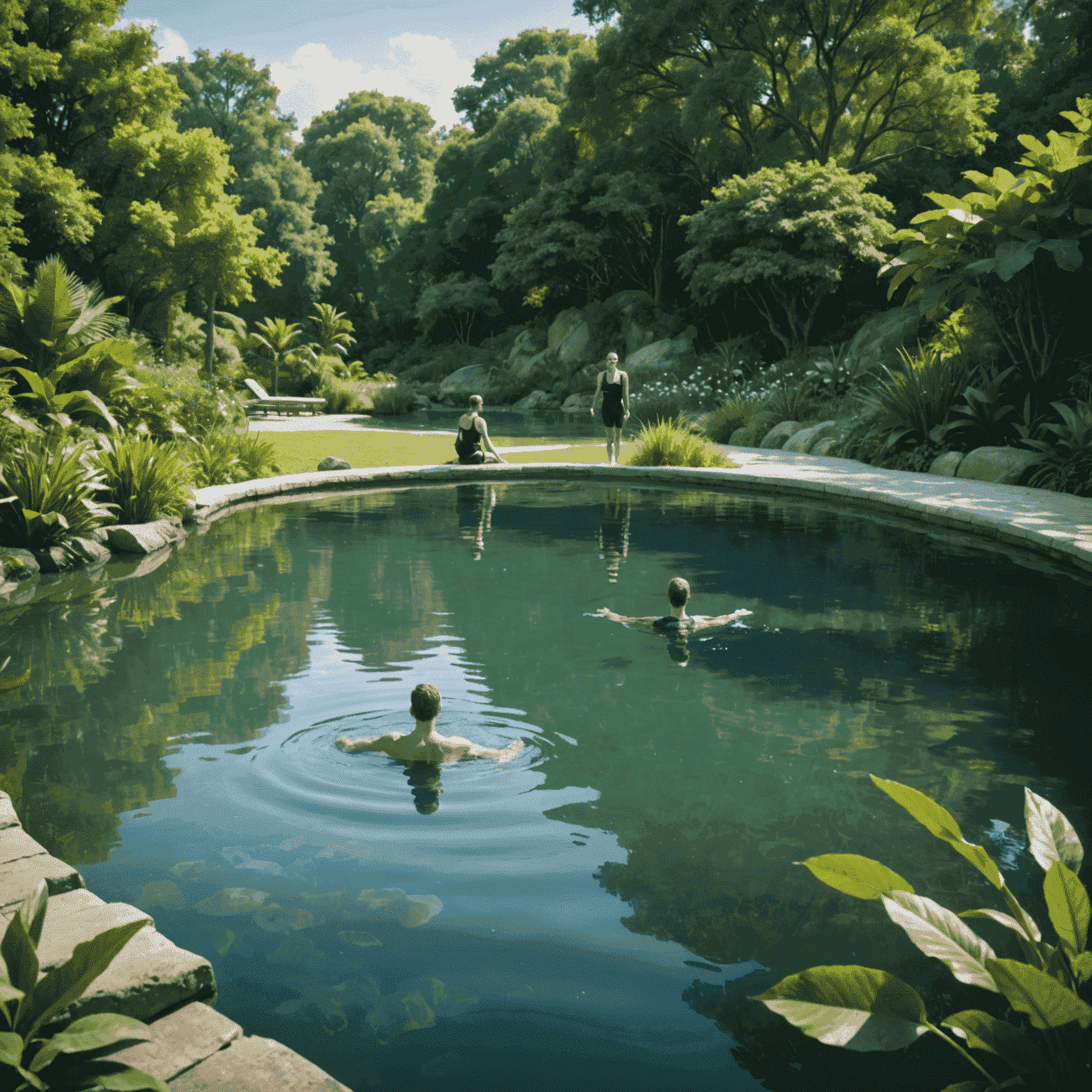 A beginner swimmer practicing in a calm, natural pool surrounded by lush greenery, with an instructor nearby offering guidance