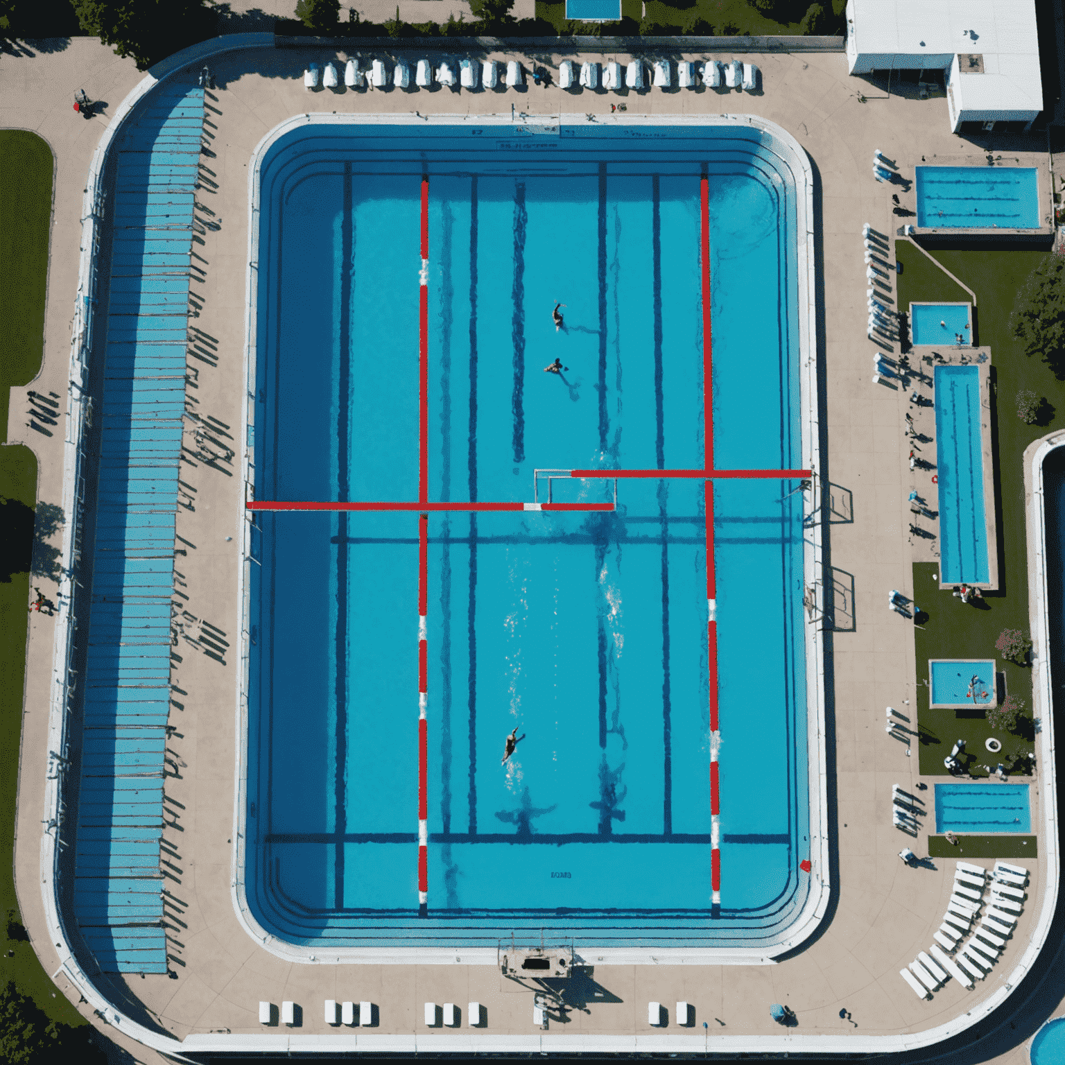 Aerial view of an Olympic-sized swimming pool with swimmers competing in various lanes. The water is a crystal clear blue, reflecting the energy and excitement of the Canadian Swimming Championships.