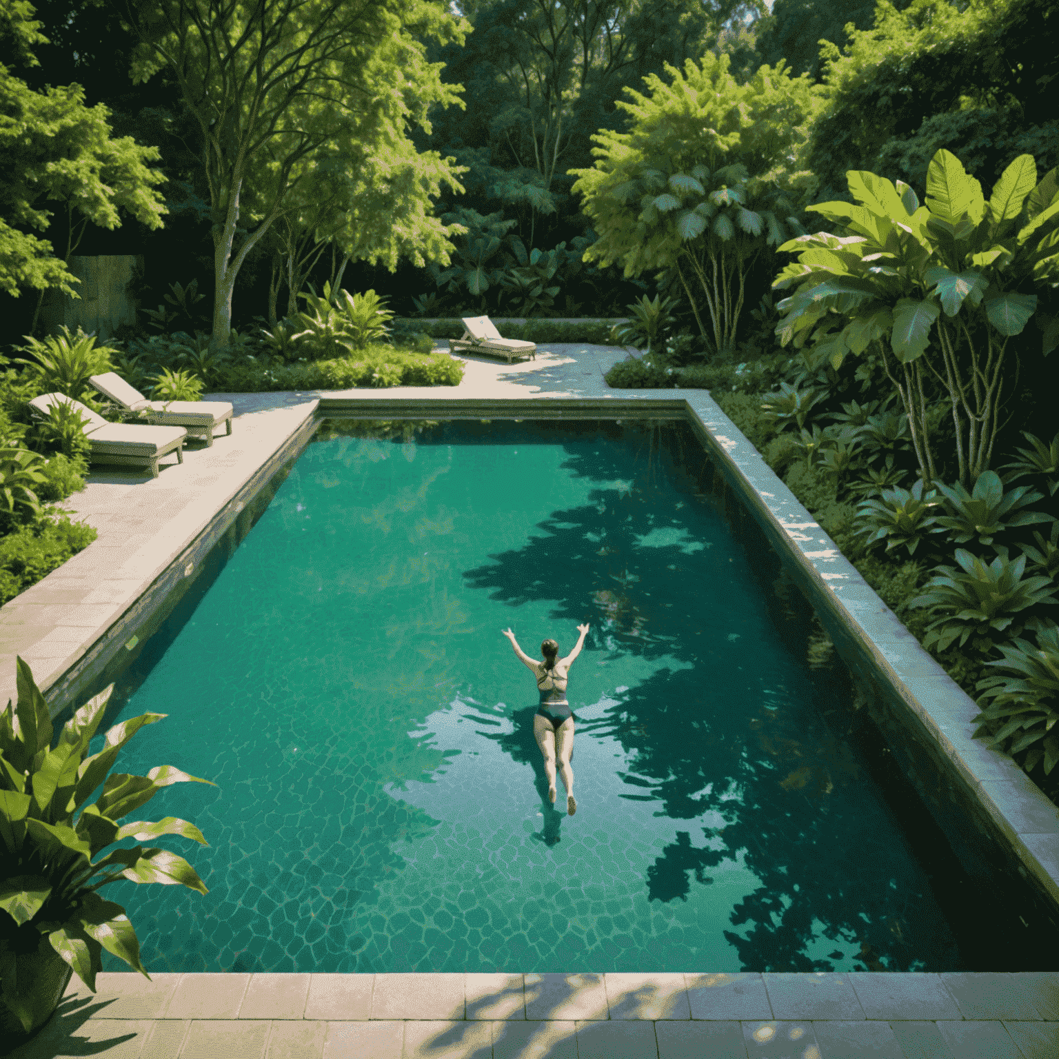 A serene outdoor pool surrounded by lush greenery, with a person gracefully swimming laps in crystal clear water. The image conveys a sense of tranquility and health.