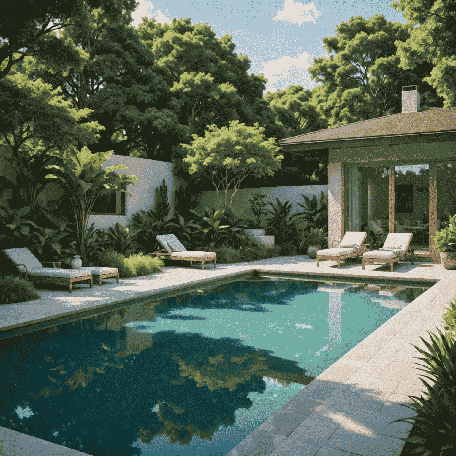 A serene outdoor pool surrounded by lush greenery, with calm blue water reflecting the sky