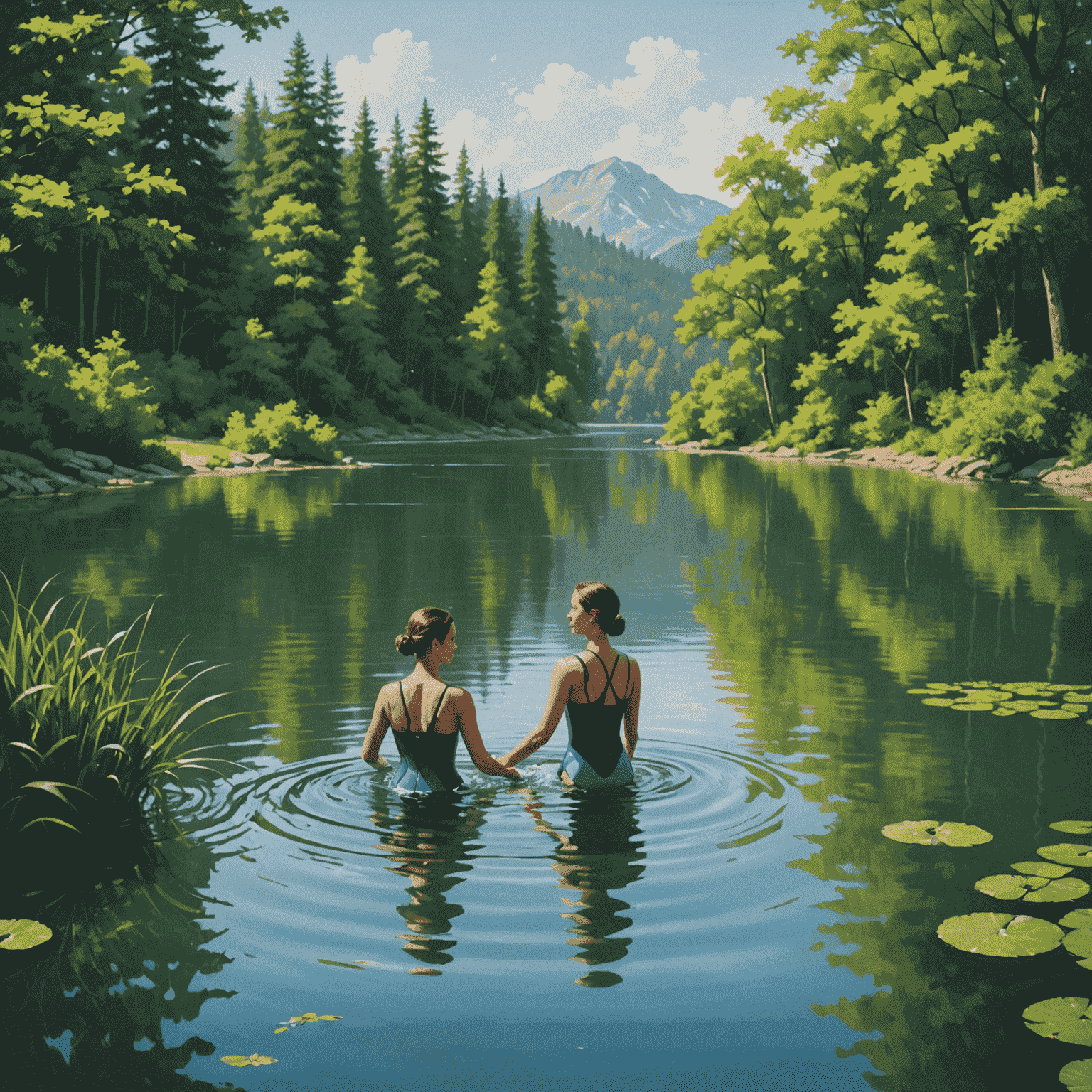 A serene lake surrounded by lush greenery, with a swimming instructor guiding a student in calm waters. The instructor is demonstrating proper arm movement while the student practices in waist-deep water.