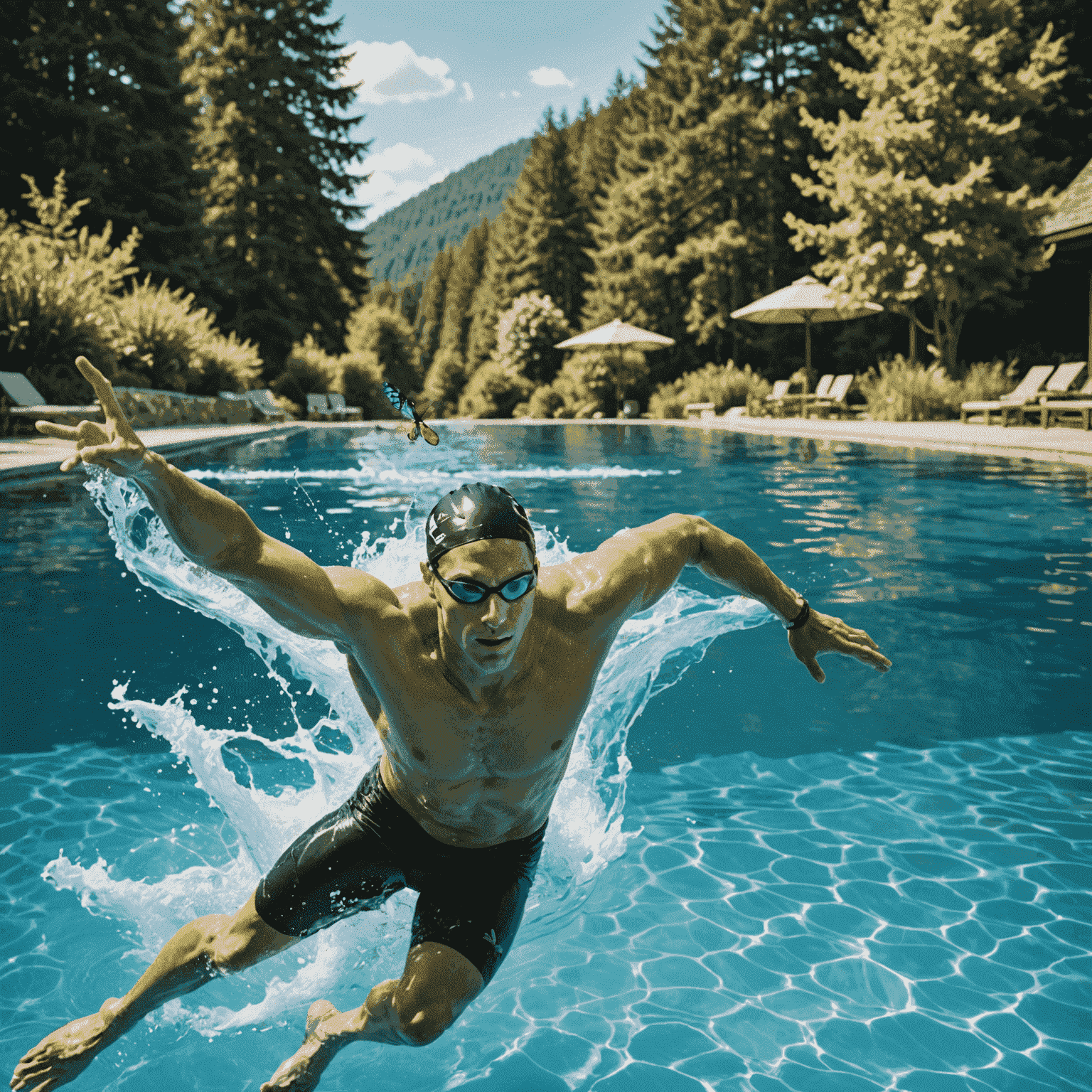 An advanced swimmer performing a butterfly stroke in a crystal-clear outdoor pool, surrounded by trees and natural scenery