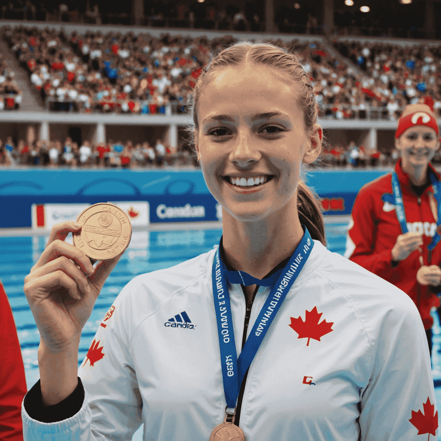 A young female swimmer, around 15 years old, standing on the podium with a gold medal around her neck. She's wearing a Canadian team swimsuit and has a bright, excited smile on her face. The background shows cheering teammates and a scoreboard displaying record-breaking times.