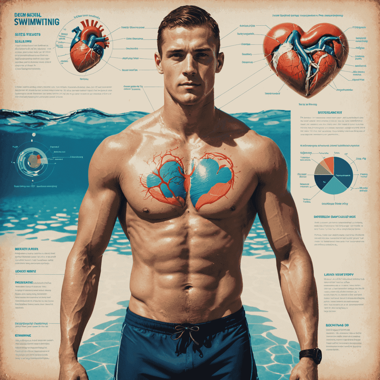 A split image showing a swimmer's muscular body and a diagram of a healthy heart, illustrating the physical benefits of swimming.