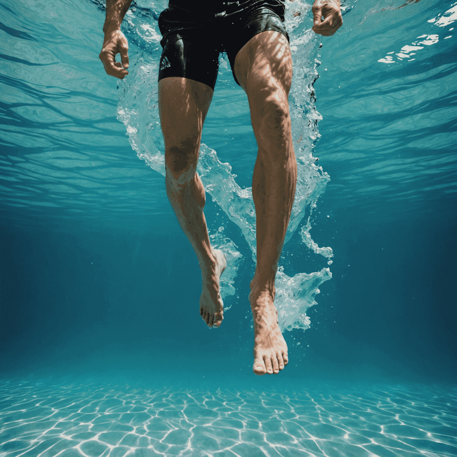 A close-up of a person doing aqua jogging in crystal clear water. The image shows the lower body submerged in water, demonstrating the low-impact nature of the exercise.