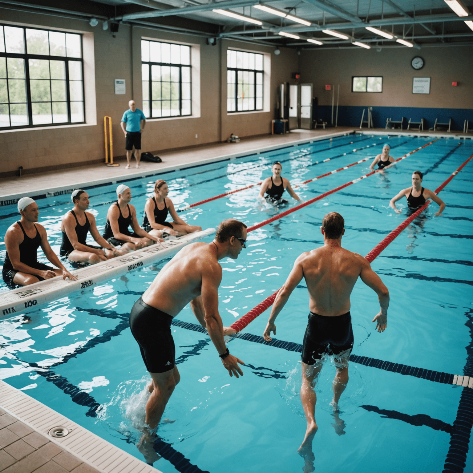 A coach demonstrating proper swimming technique to a group of attentive competitive swimmers at the edge of an indoor pool
