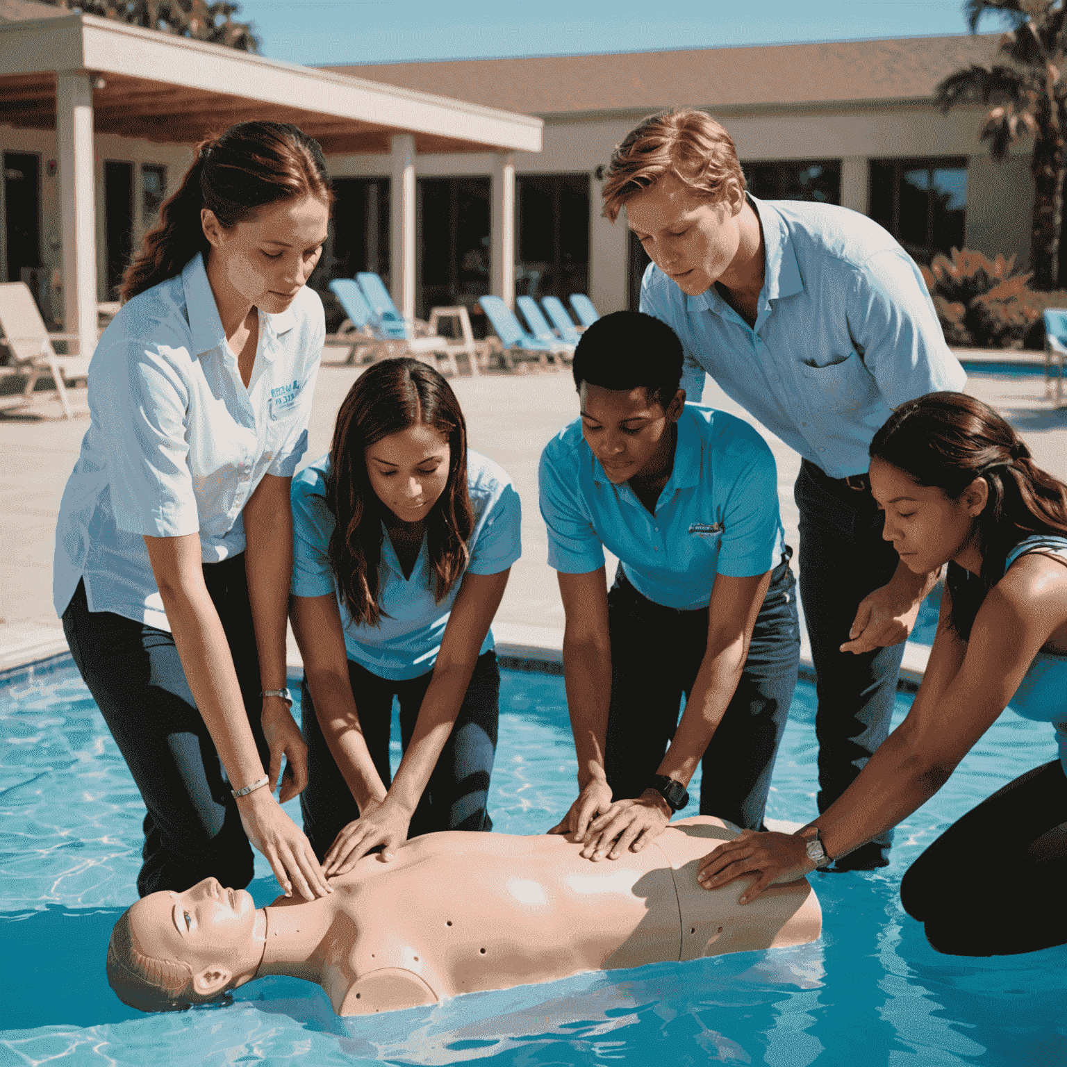 A diverse group of students practicing CPR on mannequins near a pool, with an instructor providing guidance. The scene conveys a serious yet supportive learning environment.
