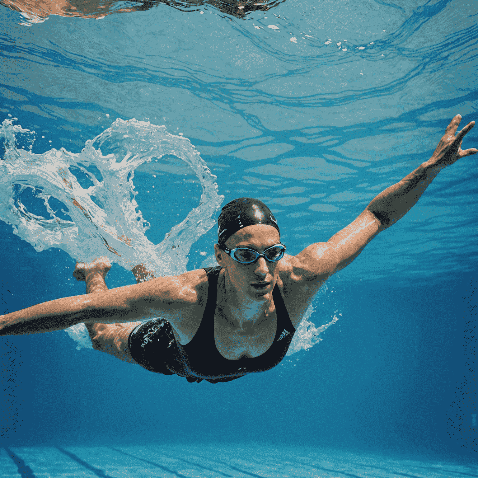 Swimmer demonstrating advanced swimming technique in a clear blue pool, with perfect form and streamlined body position