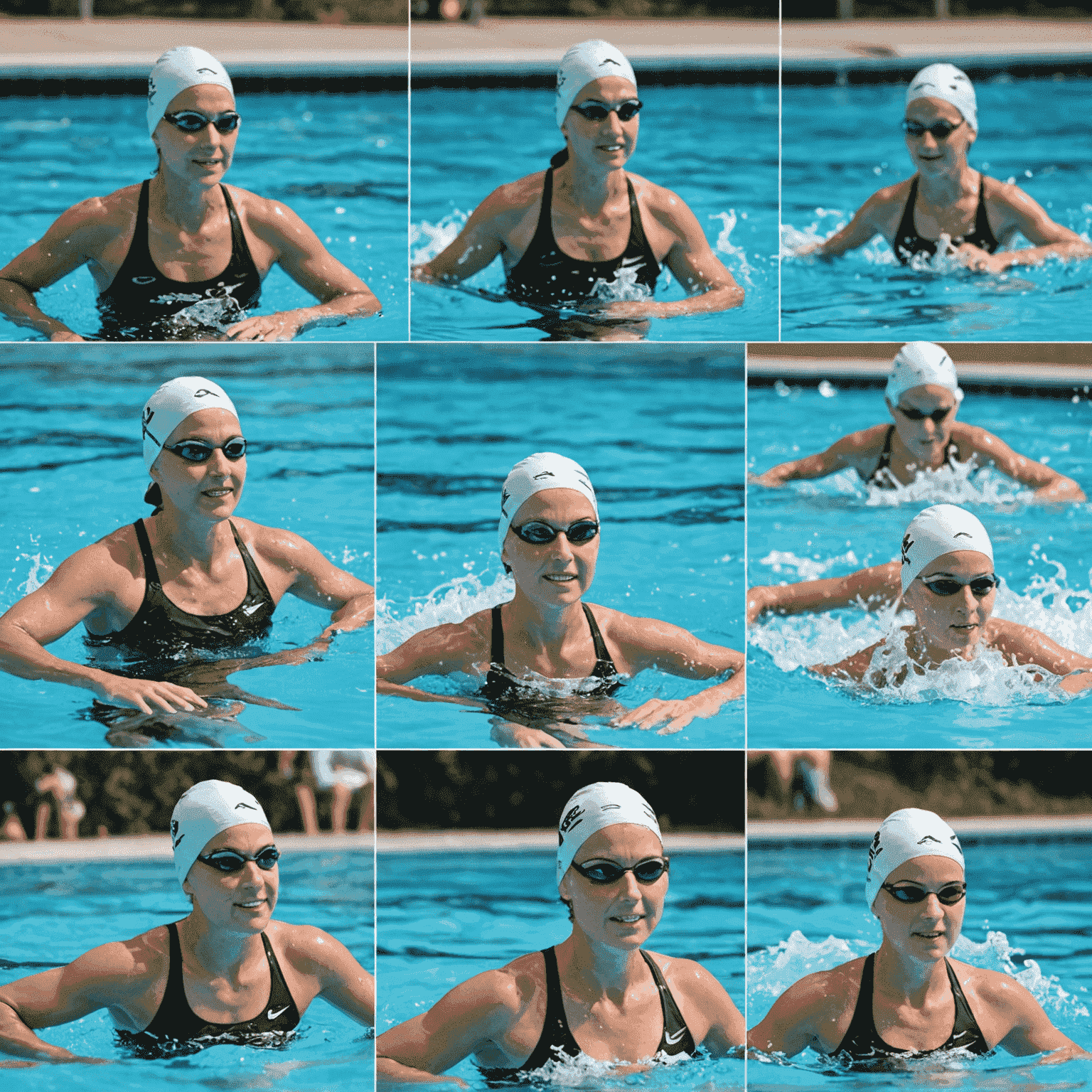 A collage of images showing various swimming strokes being taught in a natural, outdoor setting. The images depict instructors working closely with students of different ages, demonstrating proper form for freestyle, breaststroke, backstroke, and butterfly.