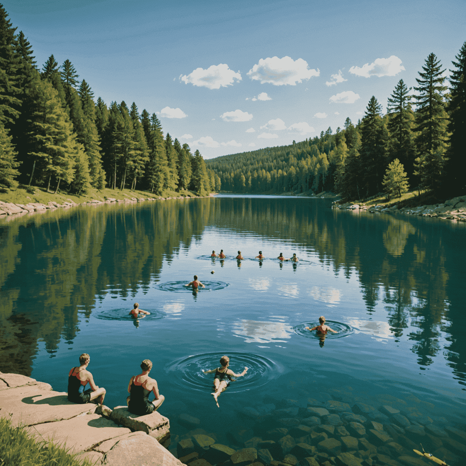A serene lake scene with swimmers practicing safety techniques in the foreground. The image showcases the natural beauty of the water and surrounding landscape, emphasizing the importance of safety in enjoying aquatic environments.