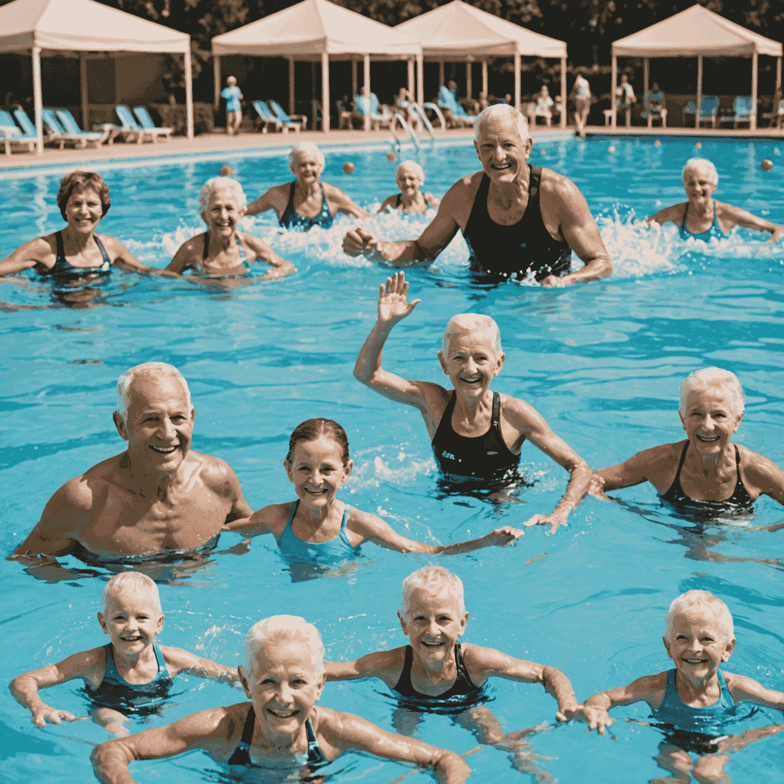 A collage of people of various ages enjoying swimming: a child learning to swim, adults doing laps, and seniors participating in water aerobics.