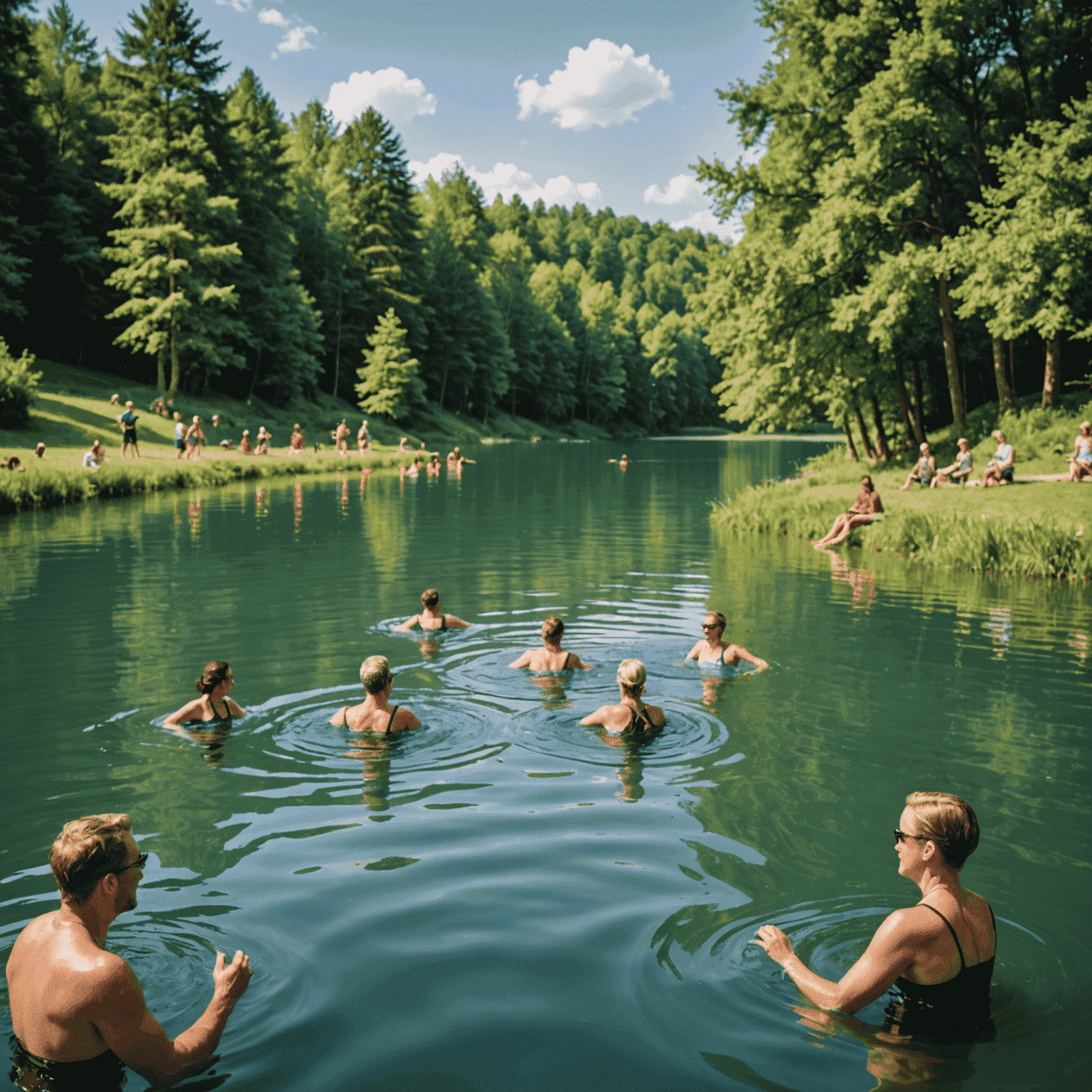 Diverse group of people enjoying swimming in a natural lake, surrounded by trees and nature, showcasing the health benefits of swimming