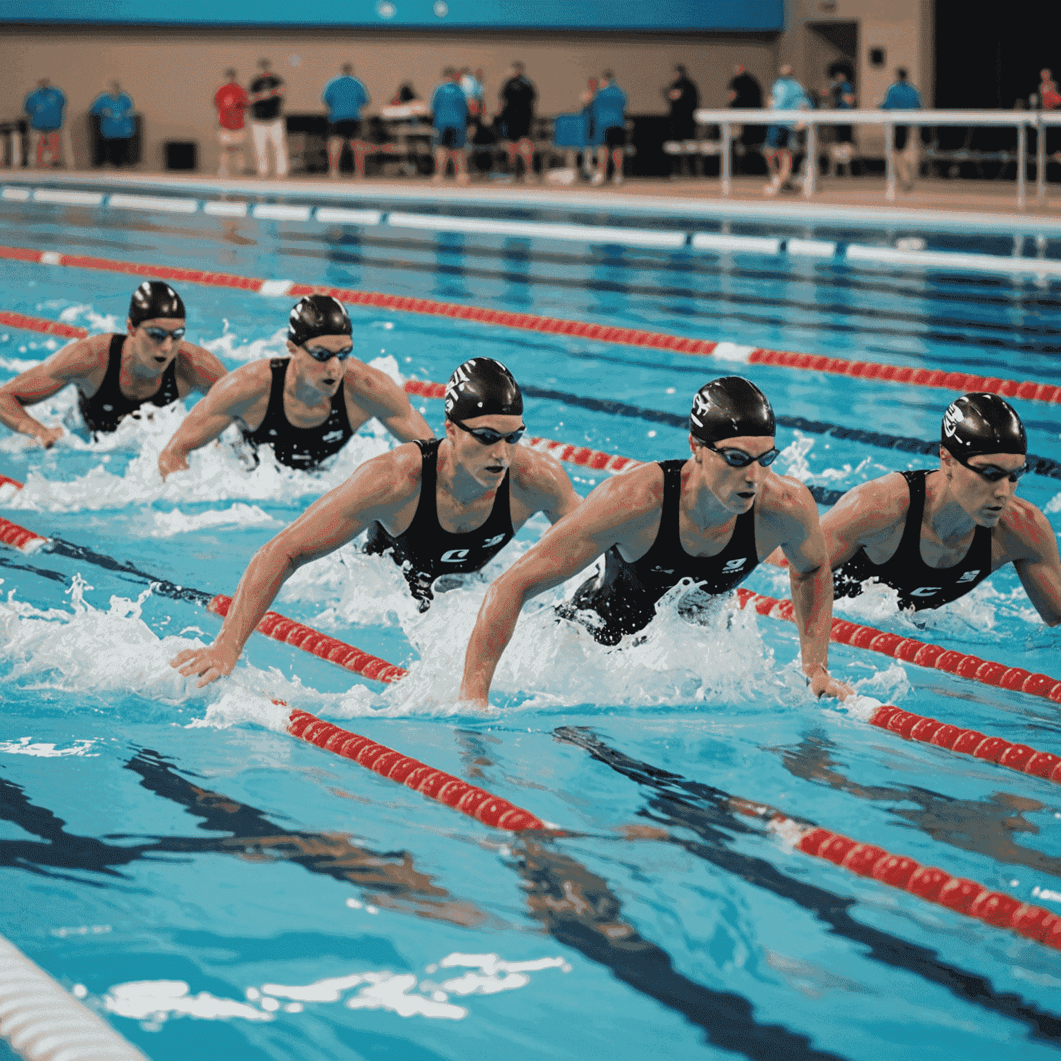 Competitive swimmers practicing in lanes with a coach timing and providing feedback on their technique and speed