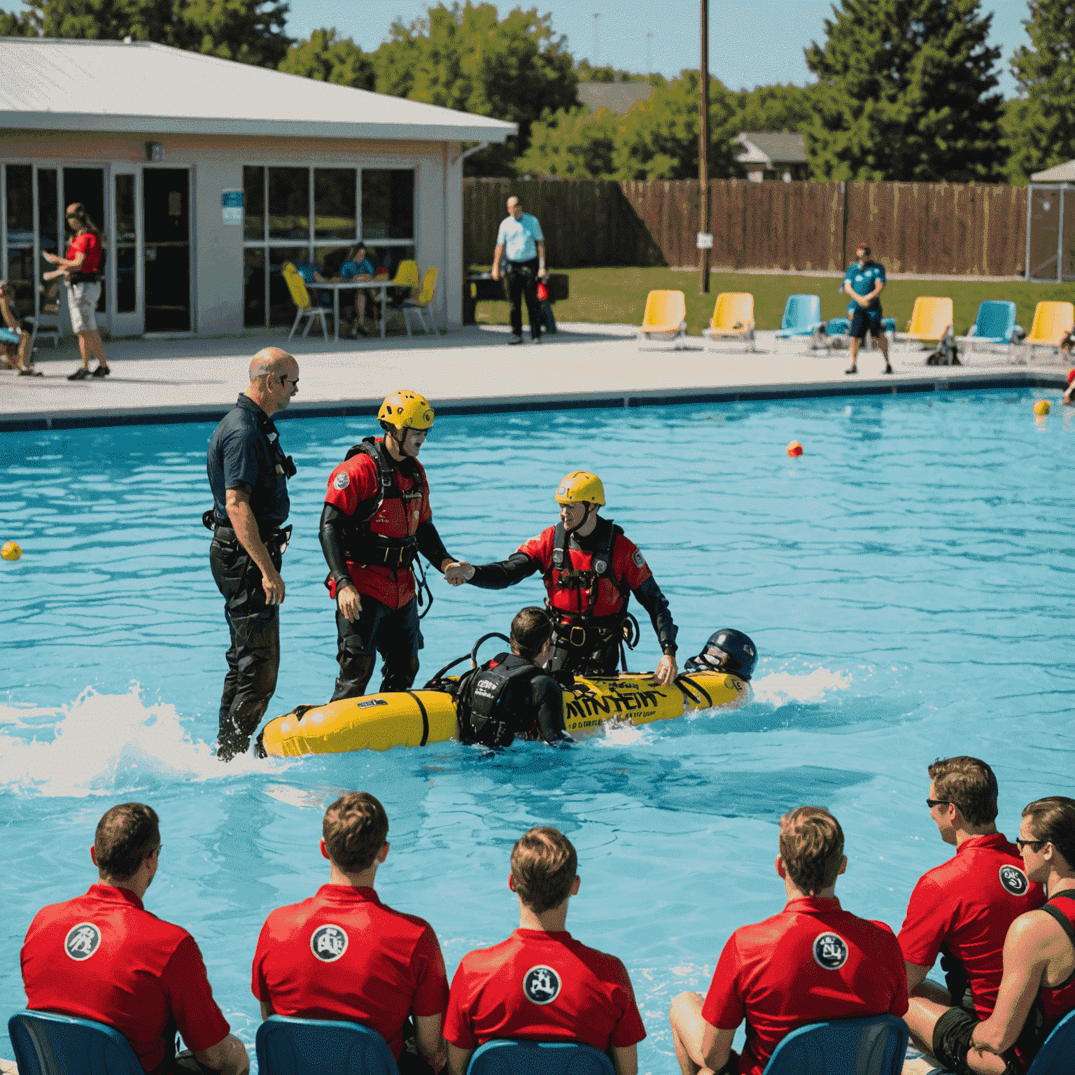 Instructor demonstrating water rescue techniques to a group of attentive students by the poolside